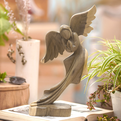 Wood sculpture, 'Angel's Blessing' - Balinese Hibiscus Wood Sculpture with Angel Motif
