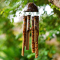 Bamboo and coconut shell wind chime, 'Floral Melody' - Bamboo Wind Chime with Hand-Painted Floral Motif