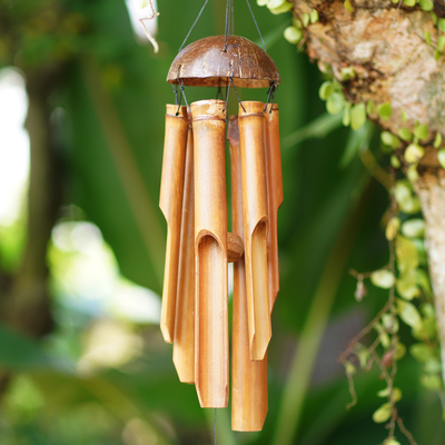 Bamboo and coconut shell wind chime, 'Melody Garden' - Hand Crafted Bamboo Wind Chime from Bali