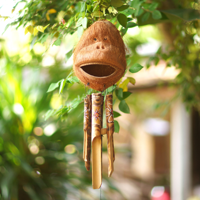 Bamboo and coconut shell wind chime, 'Monkey Music' - Handmade Bamboo Wind Chime with Monkey Motif