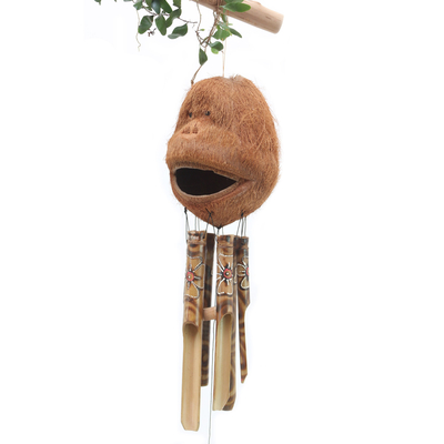Windspiel aus Bambus und Kokosnussschalen - Handgefertigtes Windspiel aus Bambus mit Affenmotiv