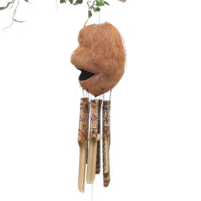Bamboo and coconut shell wind chime, 'Monkey Music' - Handmade Bamboo Wind Chime with Monkey Motif