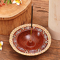 Ceramic and rattan incense holder, 'Vibrant Spirit' - Rattan-Accented Incense Holder
