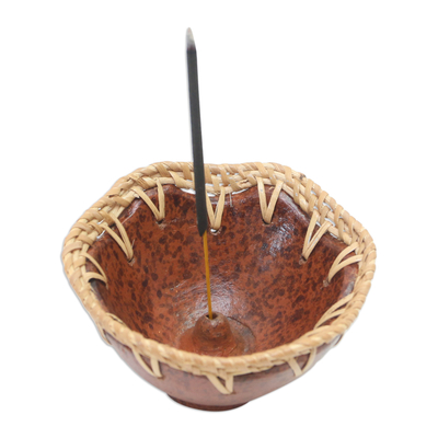 Ceramic Stick Incense Holder with Rattan Accent