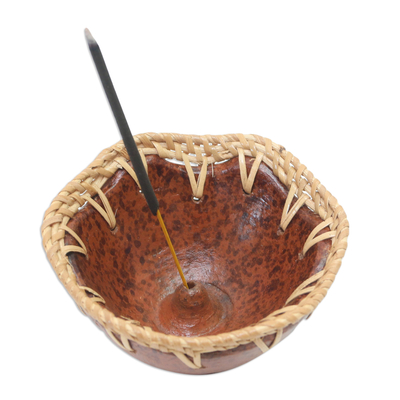 Ceramic and rattan incense holder, 'Living in Peace' - Ceramic Stick Incense Holder with Rattan Accent