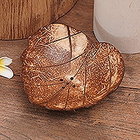 Coconut shell soap dish, 'Clean Love' - Coconut Shell Soap Dish with Heart Motif