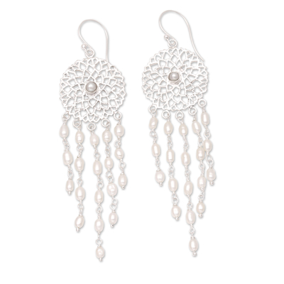 Cultured pearl dangle earrings, 'Pearl Curtain' - Handmade Cultured Pearl Dangle Earrings from Bali