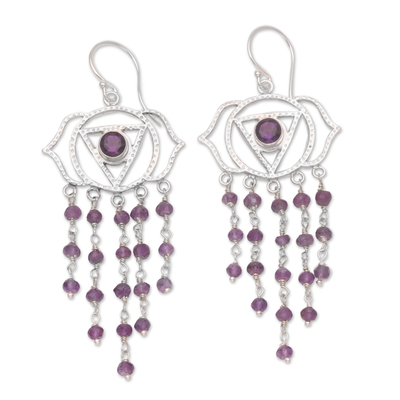 Amethyst dangle earrings, 'Open Your Eye' - Sterling Silver and Amethyst Dangle Earrings from Bali