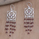 Garnet dangle earrings, 'Root of Desire' - Garnet Dangle Earrings with Chakra Motif