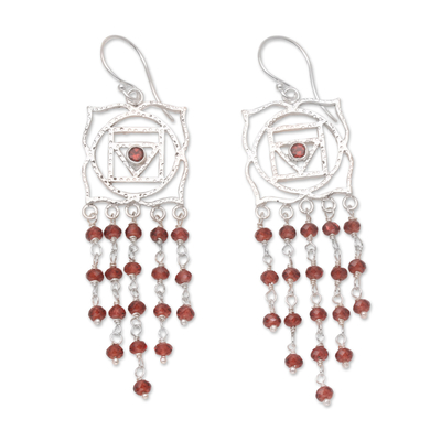 Garnet dangle earrings, 'Root of Desire' - Garnet Dangle Earrings with Chakra Motif