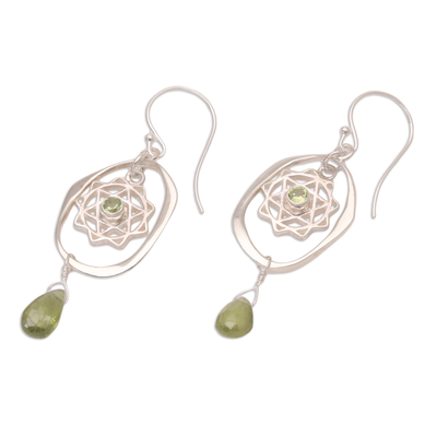 Peridot dangle earrings, 'Heart of Chakra' - Peridot Dangle Earrings with Chakra Motif