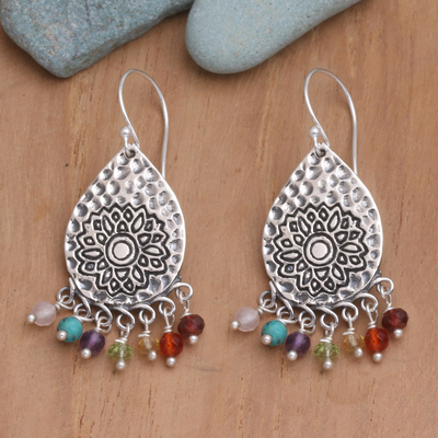 Multi-gem dangle earrings, 'Chakra Drops' - Multi-Gemstone Dangle Earrings with Chakra Motif