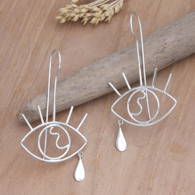 Sterling silver drop earrings, 'Seeing Clearly' - Modern Sterling Silver Drop Earrings with Eye Motif