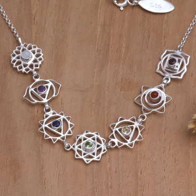 Multi-gemstone pendant necklace, 'Seven Sisters' - Multi-Gemstone Pendant Necklace with Chakra Motif