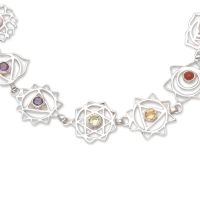 Multi-gemstone pendant bracelet, 'Seven Sisters' - Multi-Gemstone Pendant Bracelet with Chakra Motif