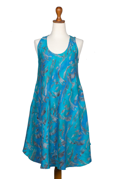 Batik rayon dress, 'Abstract Petals' - Indonesian Batik Rayon Sleeveless Dress in Blue Tones