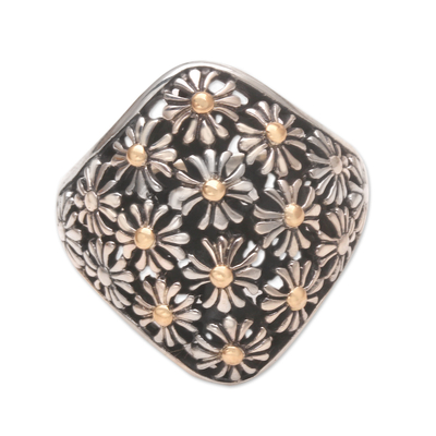 Gold-accented cocktail ring, 'Golden Flower Bed' - Gold-Accented Cocktail Ring with Floral Motif