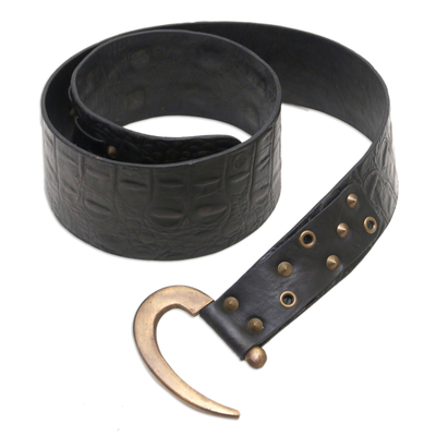 Leather belt, 'Mystery Treasure' - Black Leather Belt with Iron Hook Buckle Handcrafted in Bali