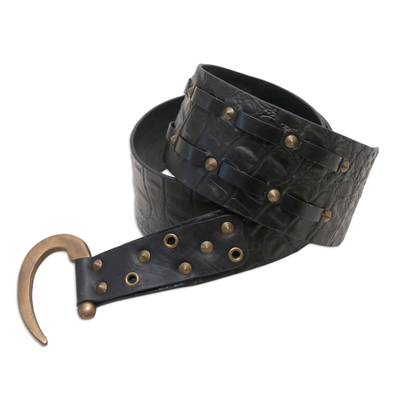 Leather belt, 'Mystery Treasure' - Black Leather Belt with Iron Hook Buckle Handcrafted in Bali