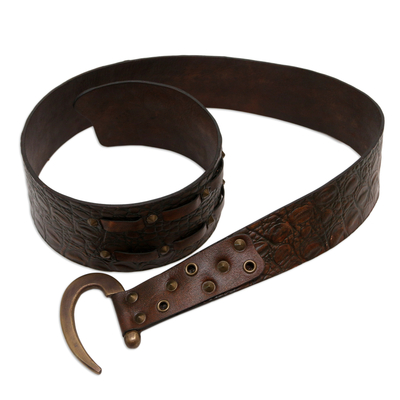 Cinturón de cuero - Cinturón de cuero marrón con hebilla de gancho de hierro hecho a mano en Bali