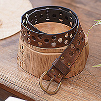 Leather belt, 'Stylish Windows' - Brown Leather Belt with Iron Buckle Handcrafted in Bali