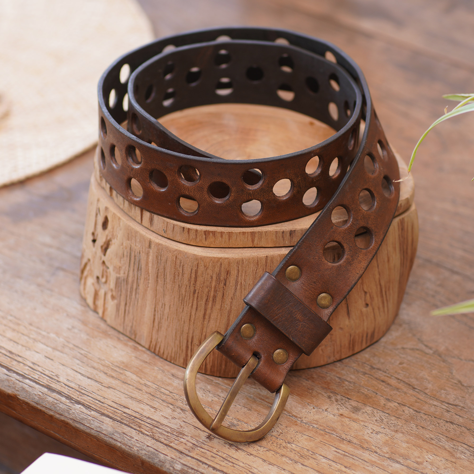 Brown Leather Belt with Iron Buckle Handcrafted in Bali, 'Stylish Windows