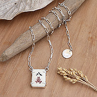 Silver pendant necklace, 'Character Eight' - Handmade Mah-jongg Tile Necklace from Bali