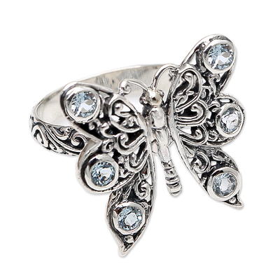 Blue topaz cocktail ring, 'Pretty Butterfly in Blue' - Balinese Cocktail Ring with Blue Topaz