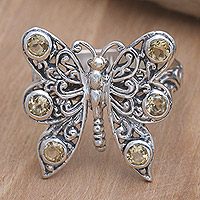 Citrine cocktail ring, 'Pretty Butterfly in Yellow' - Citrine Cocktail Ring in Sterling Silver