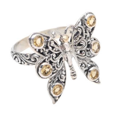 Citrine cocktail ring, 'Pretty Butterfly in Yellow' - Citrine Cocktail Ring in Sterling Silver