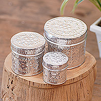 Cajas decorativas de aluminio, 'Sparkling Flower' (Set de 3) - Set de 3 Cajas decorativas hechas a mano con motivos florales de aluminio