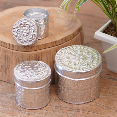aluminium decorative boxes, 'Sparkling Flower' (Set of 3) - Set of 3 aluminium Floral-Themed Handmade Decorative Boxes