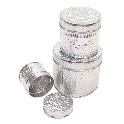 Cajas decorativas de aluminio, (juego de 3) - Juego de 3 cajas decorativas hechas a mano con motivos florales de aluminio