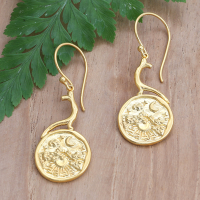 Round Gold Brass Dangle Earrings with Gold Pearls - Artisan Handmade Modern Chic Jewelry