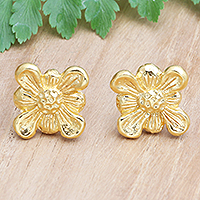 Gold plated button earrings, 'Idyllic Blooms' - Artisan Crafted Button Earrings in 22k Gold Plate from Bali