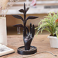 Wood jewellery stand, 'Plucking Dreams' - Hand Carved Wood jewellery Stand with Leaf Motif