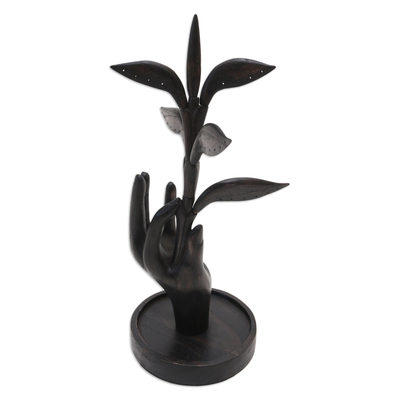 Wood jewellery stand, 'Plucking Dreams' - Hand Carved Wood jewellery Stand with Leaf Motif