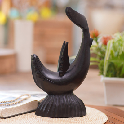 Wood sculpture, 'Resourceful Dolphin' - Handcrafted Wood Dolphin Sculpture from Indonesia