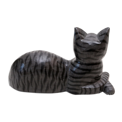Wood statuette, 'Home Companion' - Artisan Crafted Albesia Wood Cat Statuette