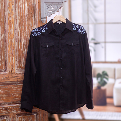 Men's embroidered linen shirt, 'Coal Garden' - Men's Linen Shirt with Handmade Floral Embroidered Details