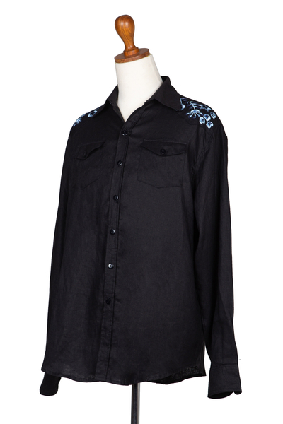 Men's embroidered linen shirt, 'Coal Garden' - Men's Linen Shirt with Handmade Floral Embroidered Details