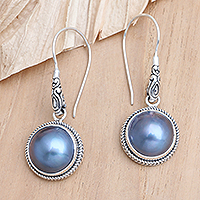 Cultured pearl dangle earrings, 'Blue Mirror' - Sterling Silver and Cultured Pearl Dangle Earrings from Bali