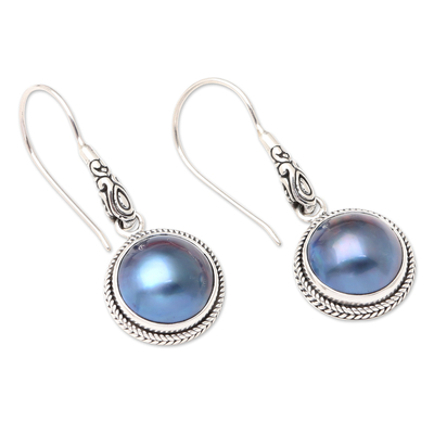Cultured pearl dangle earrings, 'Blue Mirror' - Sterling Silver and Cultured Pearl Dangle Earrings from Bali