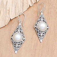 Cultured pearl dangle earrings, 'Feminine Wealth' - Balinese Sterling Silver and Cultured Pearl Dangle Earrings