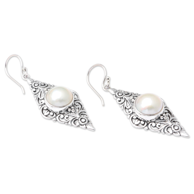 Aretes colgantes de perlas cultivadas - Pendientes colgantes de plata de ley balinesa y perlas cultivadas