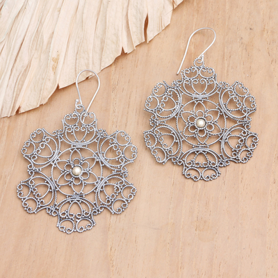 18k gold accented filigree earrings, 'Blooming Batur' - Balinese Filigree Earrings with 18k Gold Accents