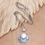 Cultured pearl pendant necklace, 'Feminine Majesty' - Traditional Sterling Silver Pendant Necklace with Grey Pearl