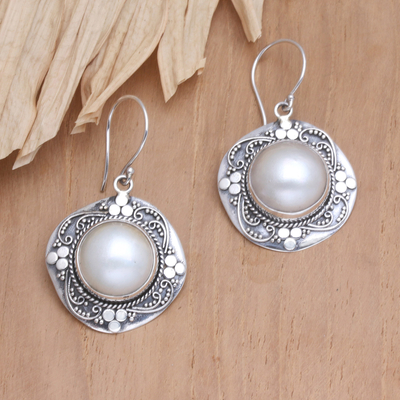 Cultured pearl dangle earrings, 'Around Heaven' - Sterling Silver and Cultured Pearl Dangle Earrings from Bali