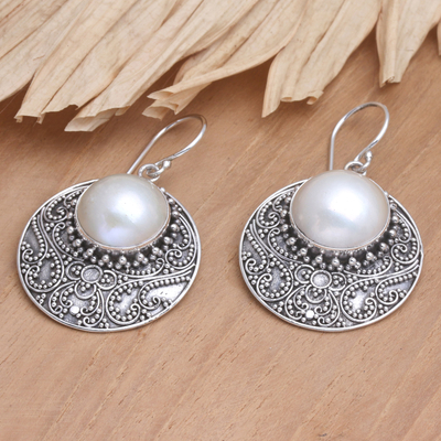 Cultured pearl dangle earrings, 'Romance in Heaven' - Balinese Sterling Silver Cultured Pearl Dangle Earrings