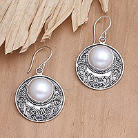 Cultured pearl dangle earrings, 'Garden and Heaven' - Sterling Silver Cultured Pearl Dangle Earrings from Bali